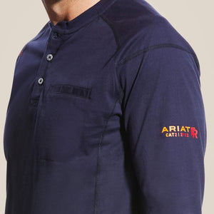 Sideview of Blue Ariat FR Henley Shirt