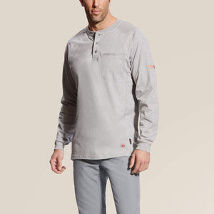 Zoomed in view of a man wearing grey Ariat FR Henley Shirt