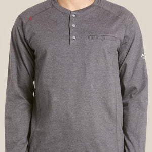 Zoomed in grey Ariat FR Henley shirt