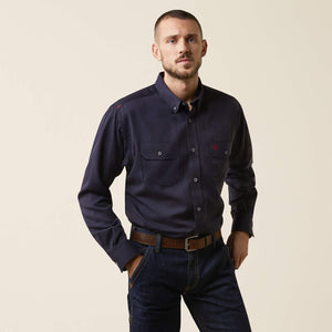 Front view of a man wearing Ariat FR ultralight work shirt in navy heather