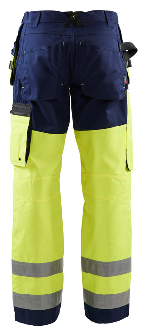 Backview of Blaklader Hi‑Vis X1600 Utility Work Pants in yellow and navy