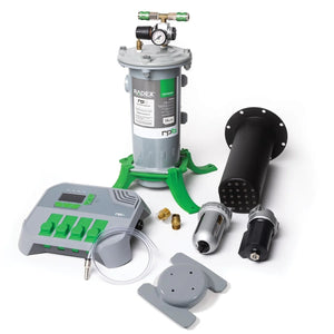 RADEX gas system components including a canister, control panel, and various nozzles on a white background.
