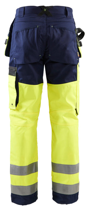 Backview of Blaklader Women’s Hi‑Vis Work Pants in navy and yellow color