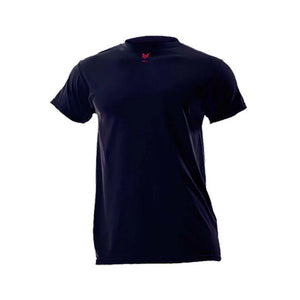 Black t-shirt with a red logo on a white background