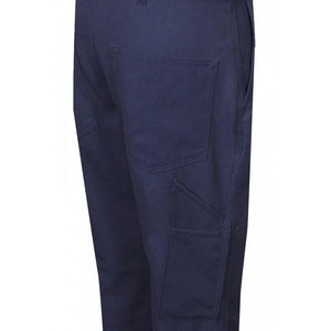 Navy blue pants with multiple pockets on a white background