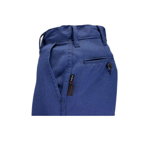 Blue pants with a brand tag on a white background