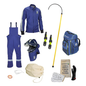 Blue electrical suit parts spread out on white background