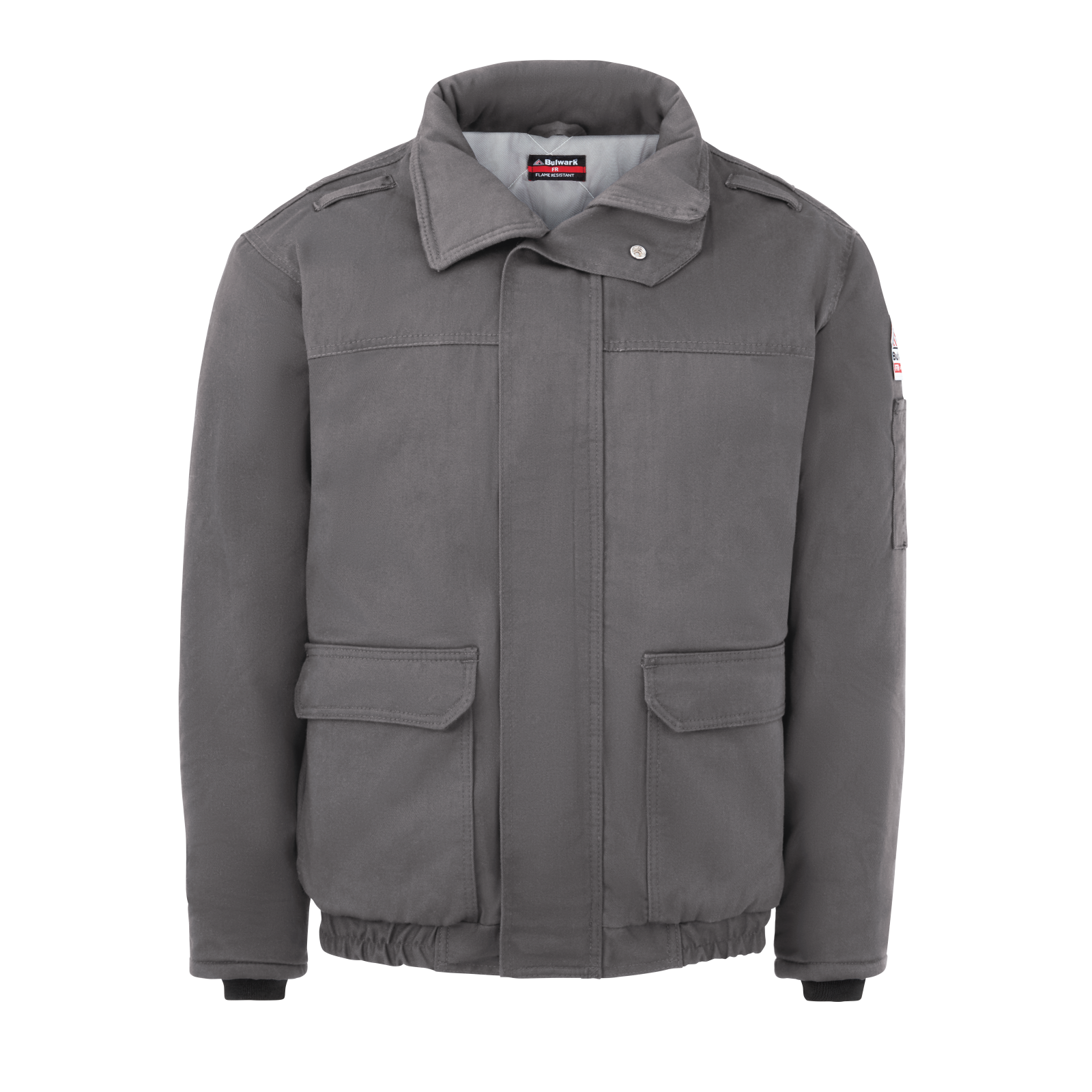 Front view of grey Bulwark FR Bomber Jacket