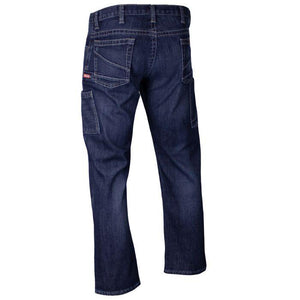 Back view of dark blue jeans on a white background