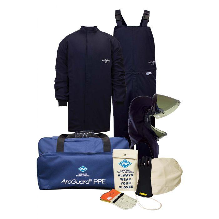 Arc Flash Kit - 40 Cal - Short Coat, Bib Overall, Lift Front Hood, Safety Glasses, Gear Bags, and Voltage Gloves