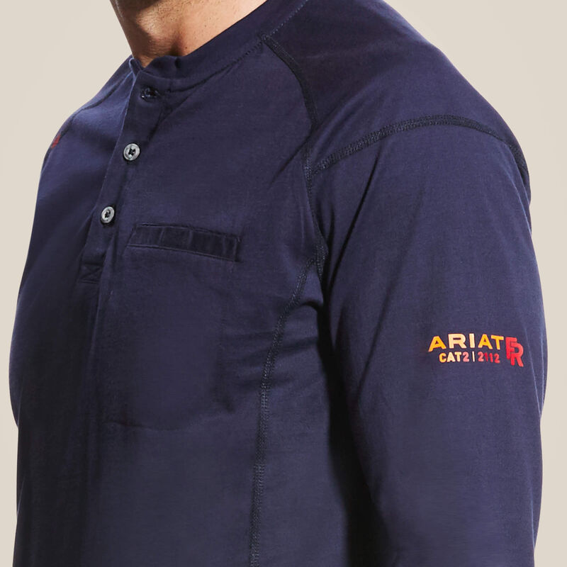 Sideview of Blue Ariat FR Henley Shirt