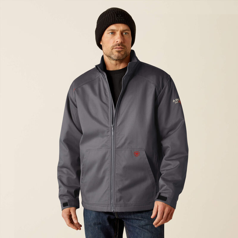 A man wearing Ariat FR insulated jacket in grey