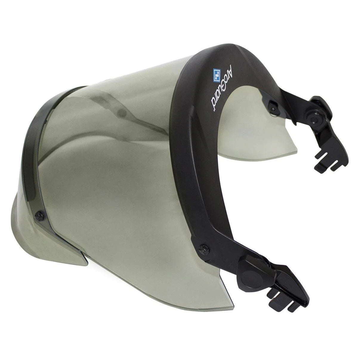 Safety helmet with clear visor and black strap on a white background