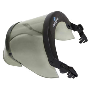 Safety helmet with clear visor and black strap on a white background