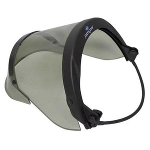 Clear face shield with black frame on a white background