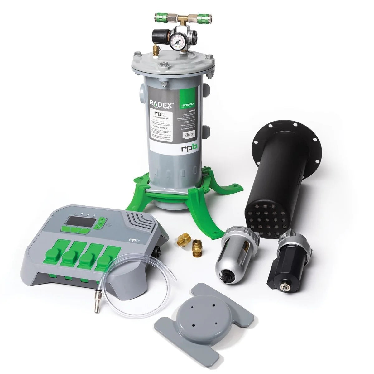 RADEX gas system components including a canister, control panel, and various nozzles on a white background.