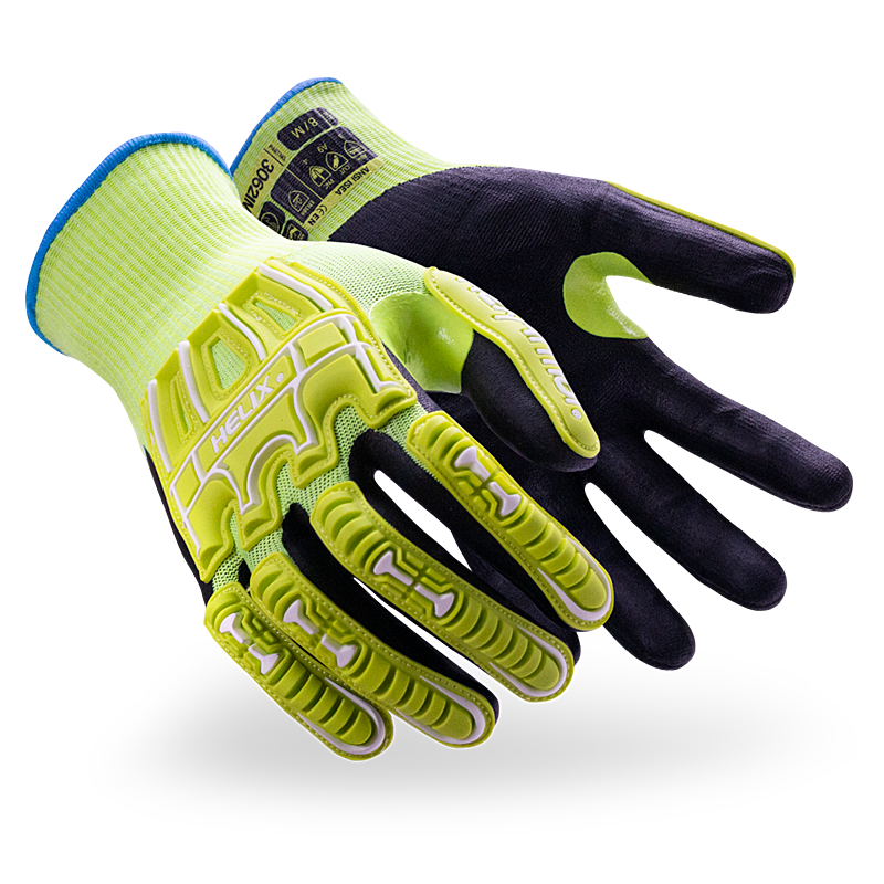 A pair of hexarmor cut resistant hi-vis gloves