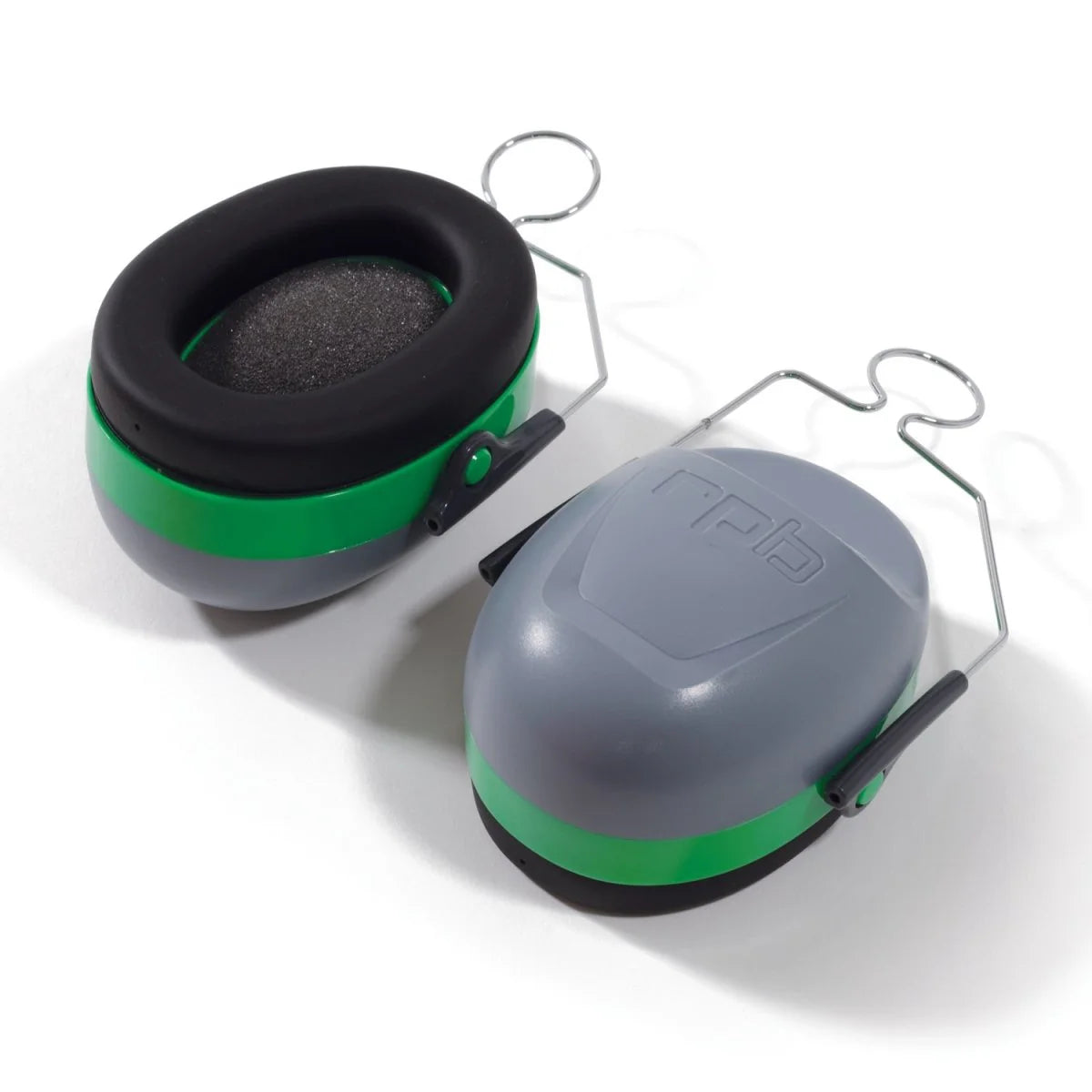 Pair of green and gray ear protectors on a white background