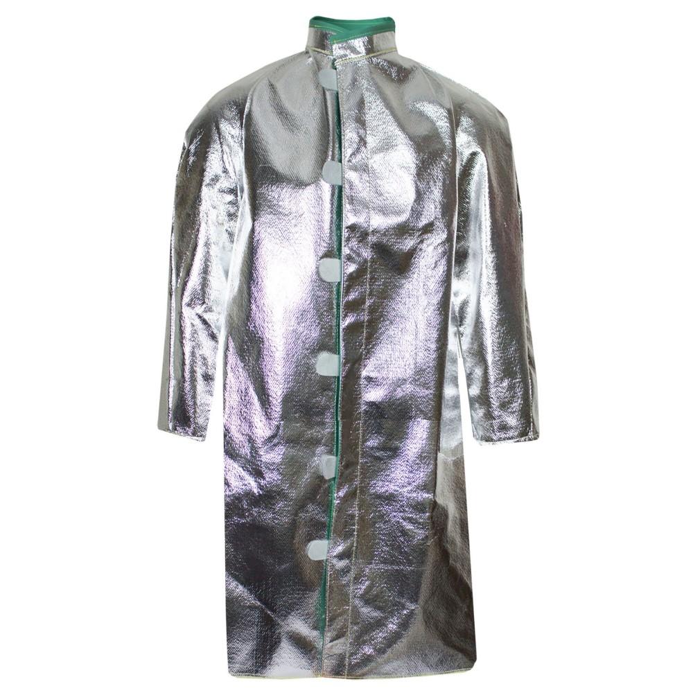 Silver metallic raincoat with a green interior lining on a white background
