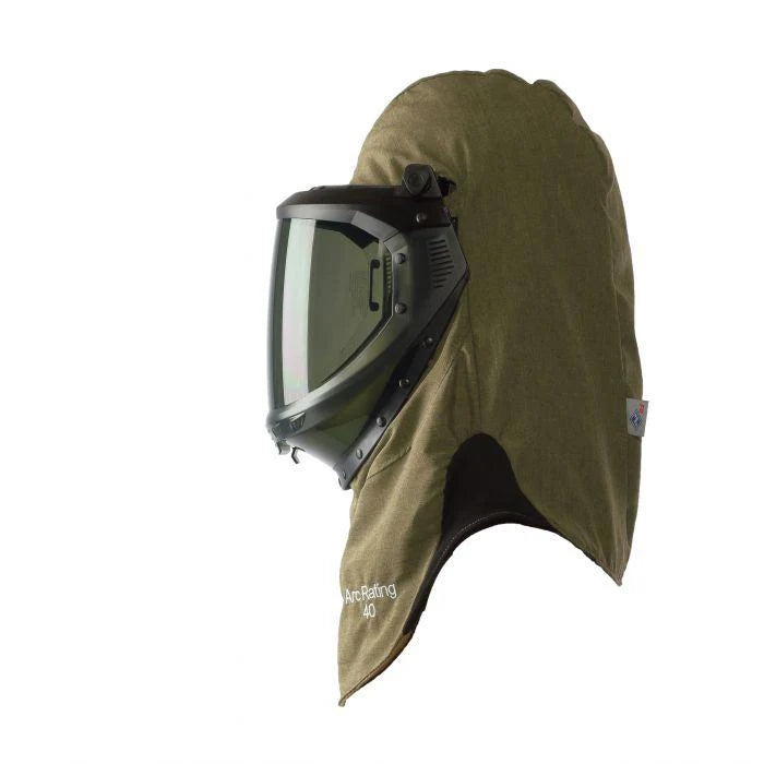 Olive green protective hood with visor on a white background