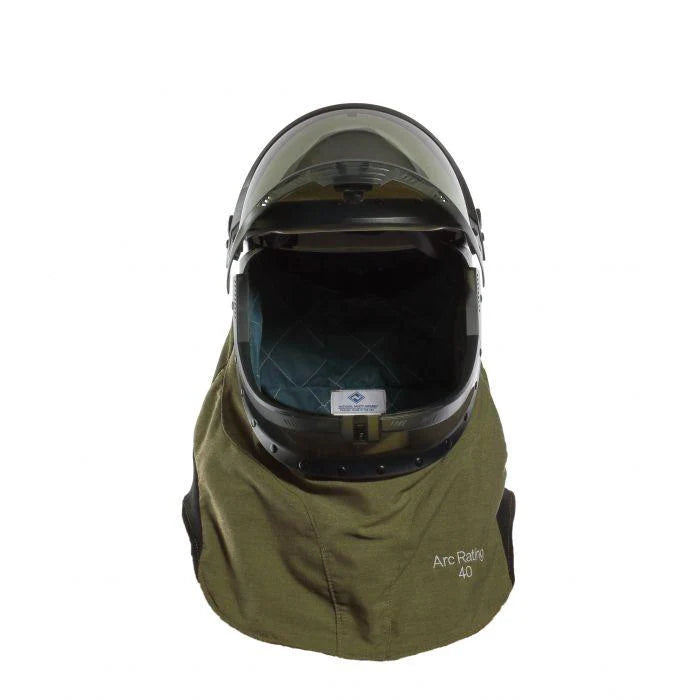 Helmet with a green neck guard on a white background