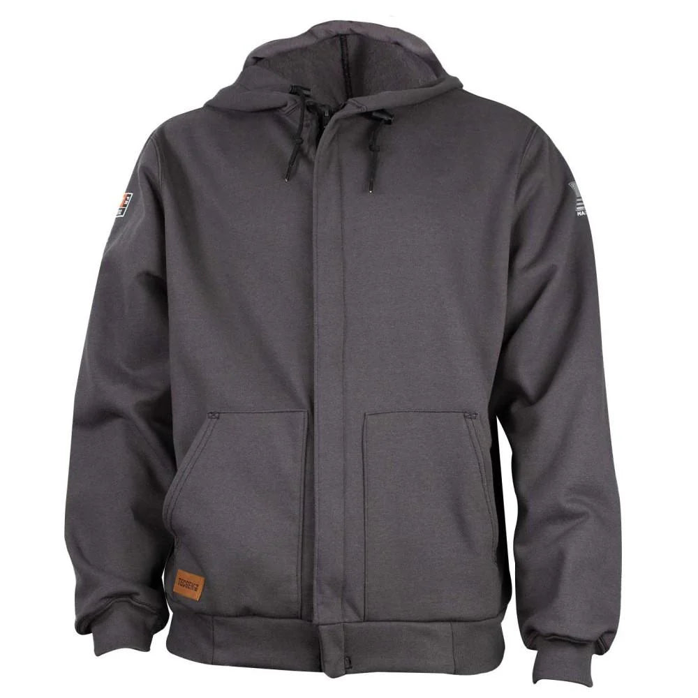 Gray hoodie with patches on a white background