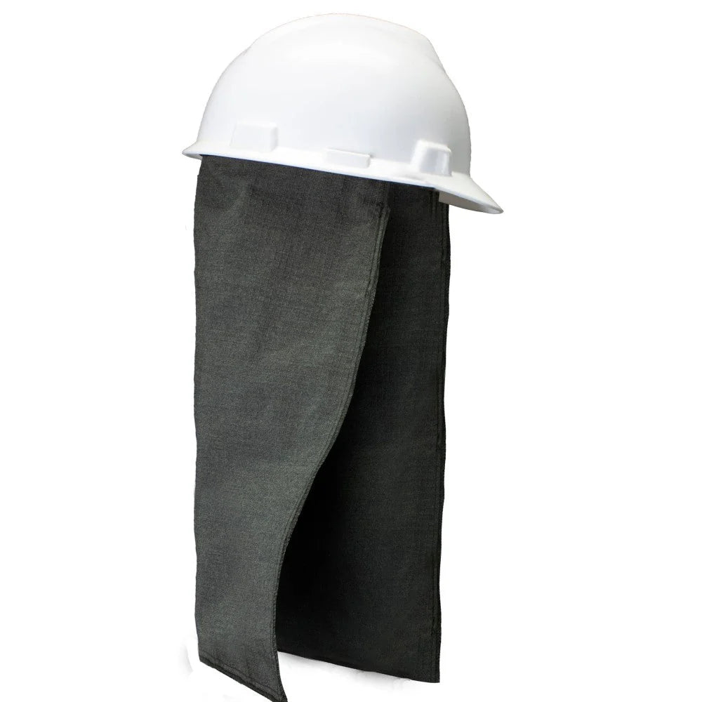 White hard hat with a gray neck guard on a white background