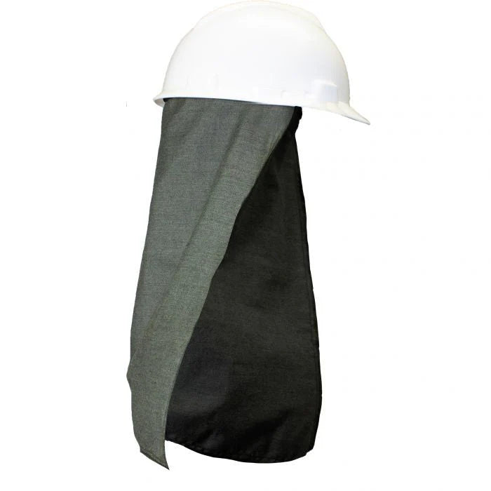 Person wearing a white hard hat with a gray and black fabric draped over it on a white background