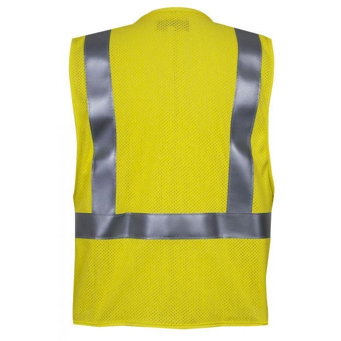 Yellow safety vest with reflective stripes on a white background