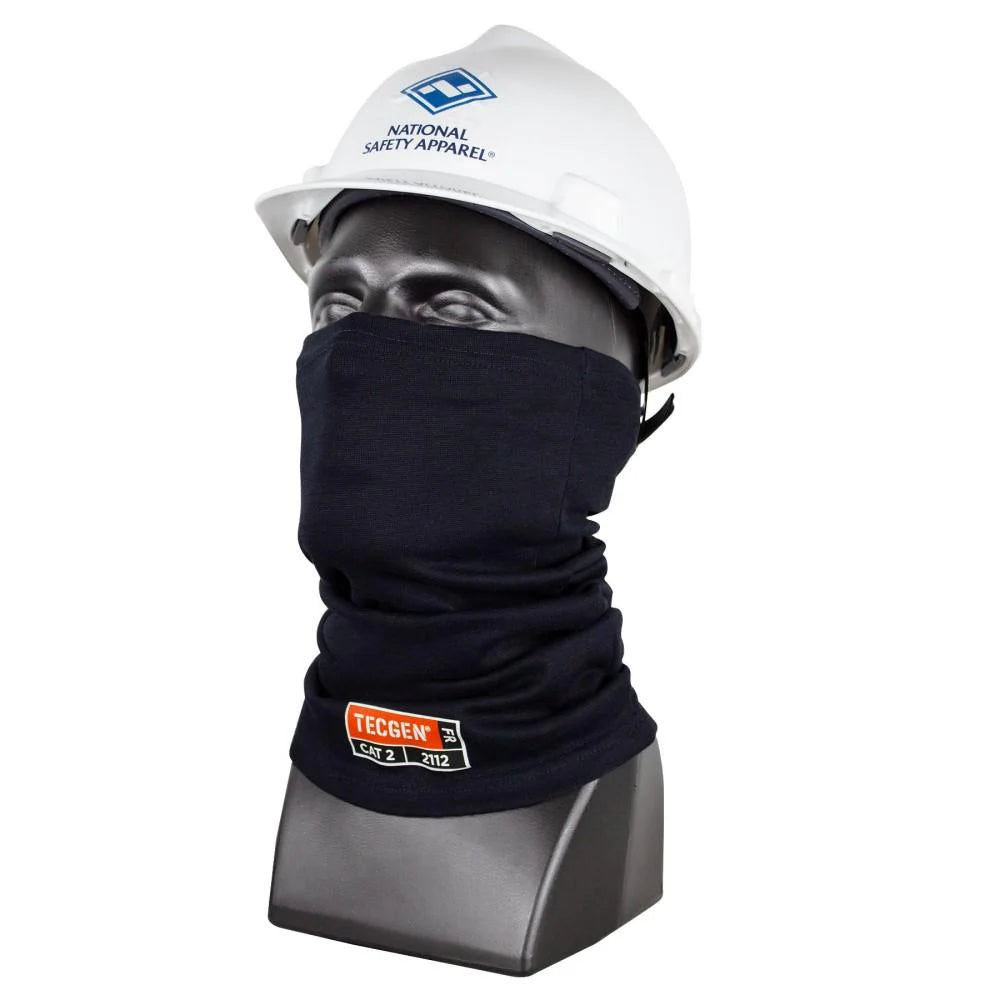 Mannequin head wearing a white hard hat and black neck gaiter with visible branding on a white background