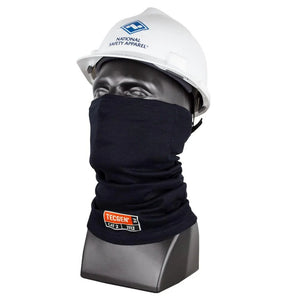 Mannequin head wearing a white hard hat and black neck gaiter with visible branding on a white background