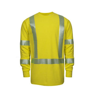 Yellow long-sleeve shirt with reflective stripes on a white background