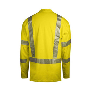 Yellow safety jacket with reflective stripes on a white background