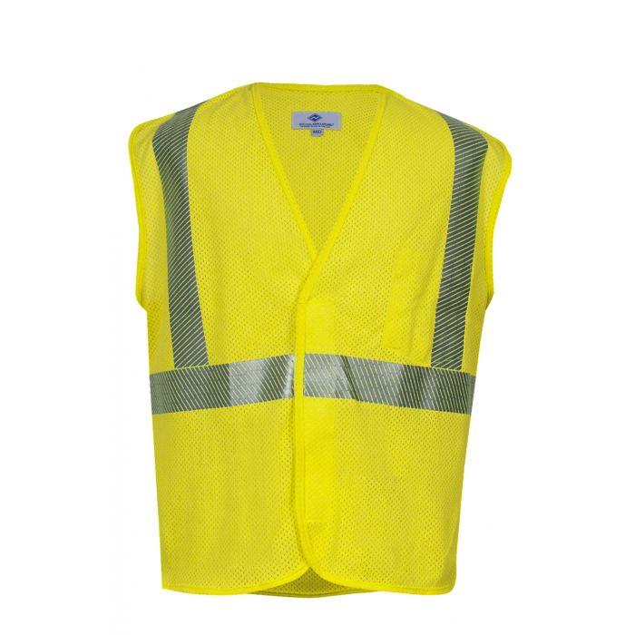 Yellow safety vest with reflective stripes on a white background