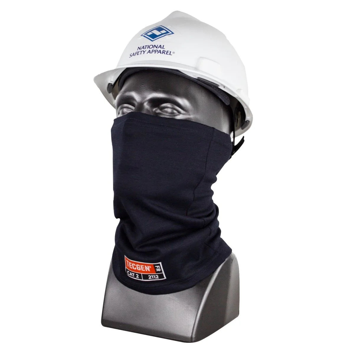 Mannequin head wearing a white hard hat and black neck gaiter with a visible brand logo on a white background