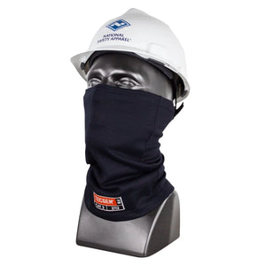 Mannequin head wearing a white hard hat and black neck gaiter with a visible brand logo on a white background