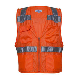 Orange safety vest with reflective stripes on a white background