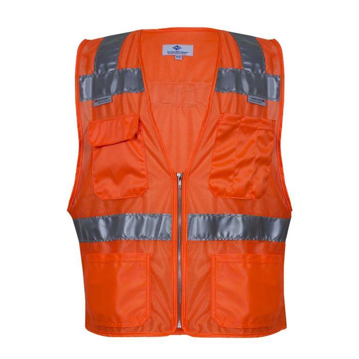 Orange safety vest with reflective stripes on a white background