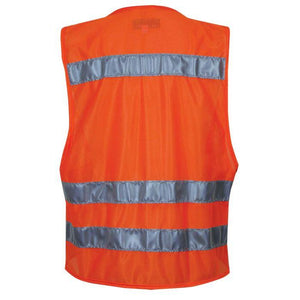 Orange safety vest with reflective stripes on a white background