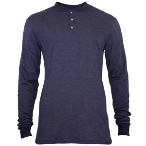 Navy long-sleeve henley shirt on a white background