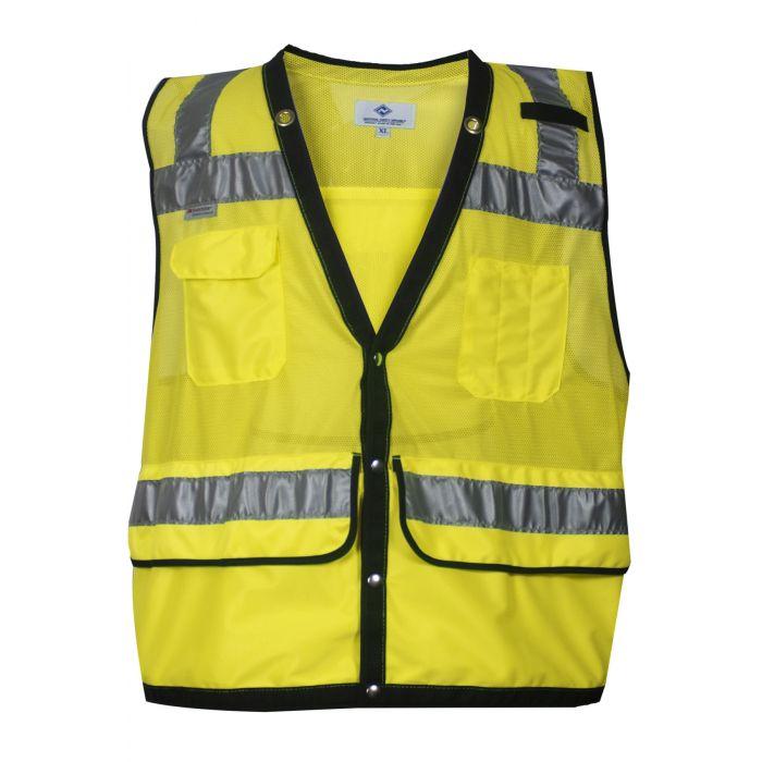 Yellow safety vest with reflective stripes on a white background