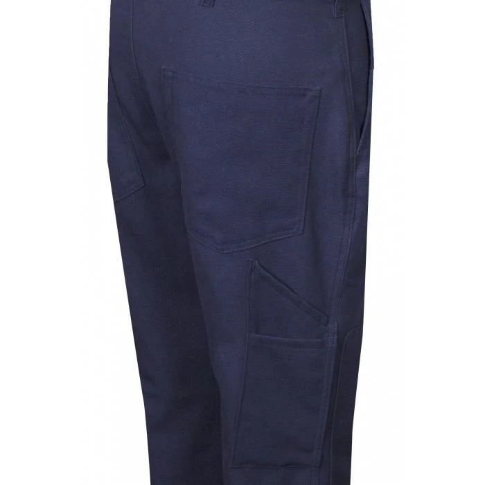 Navy blue pants with multiple pockets on a white background