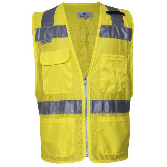 Yellow safety vest with reflective stripes on a white background