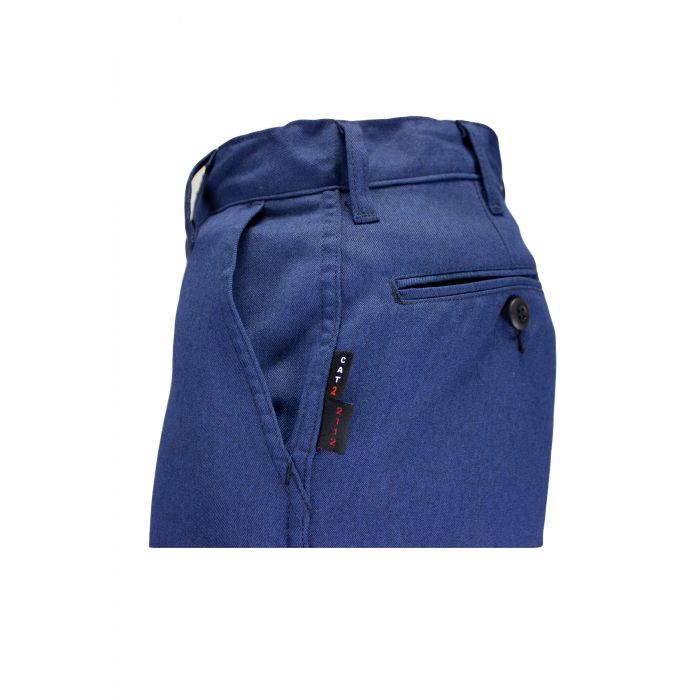 Blue pants with a brand tag on a white background