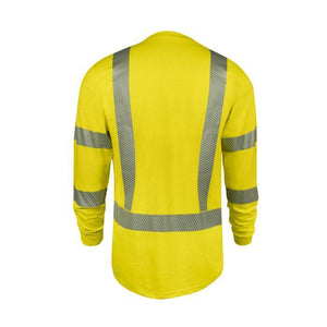 Yellow long-sleeve shirt with reflective stripes on a white background