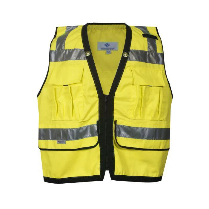 Yellow safety vest with reflective stripes on a white background