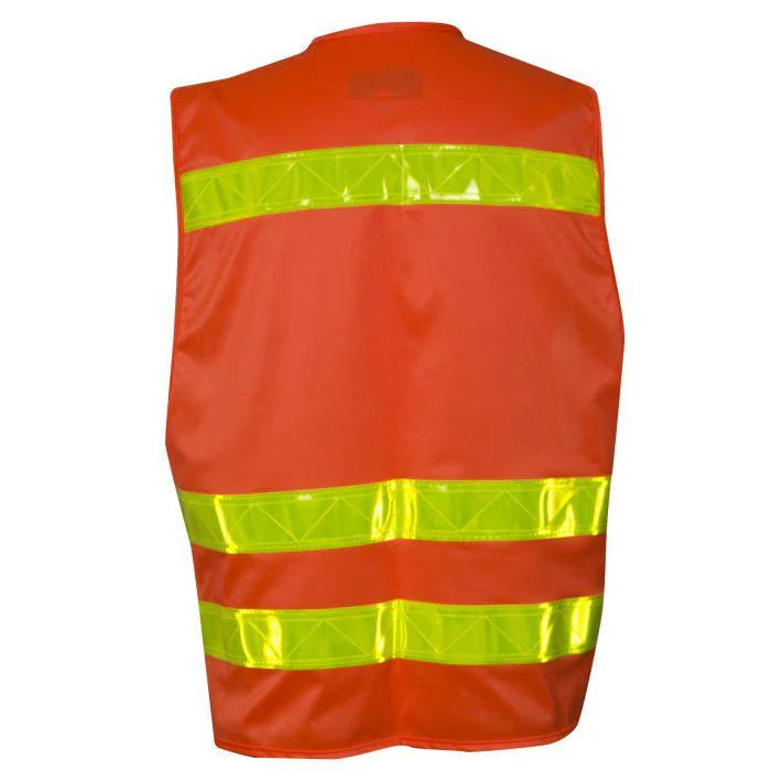 Orange safety vest with reflective yellow stripes on a white background