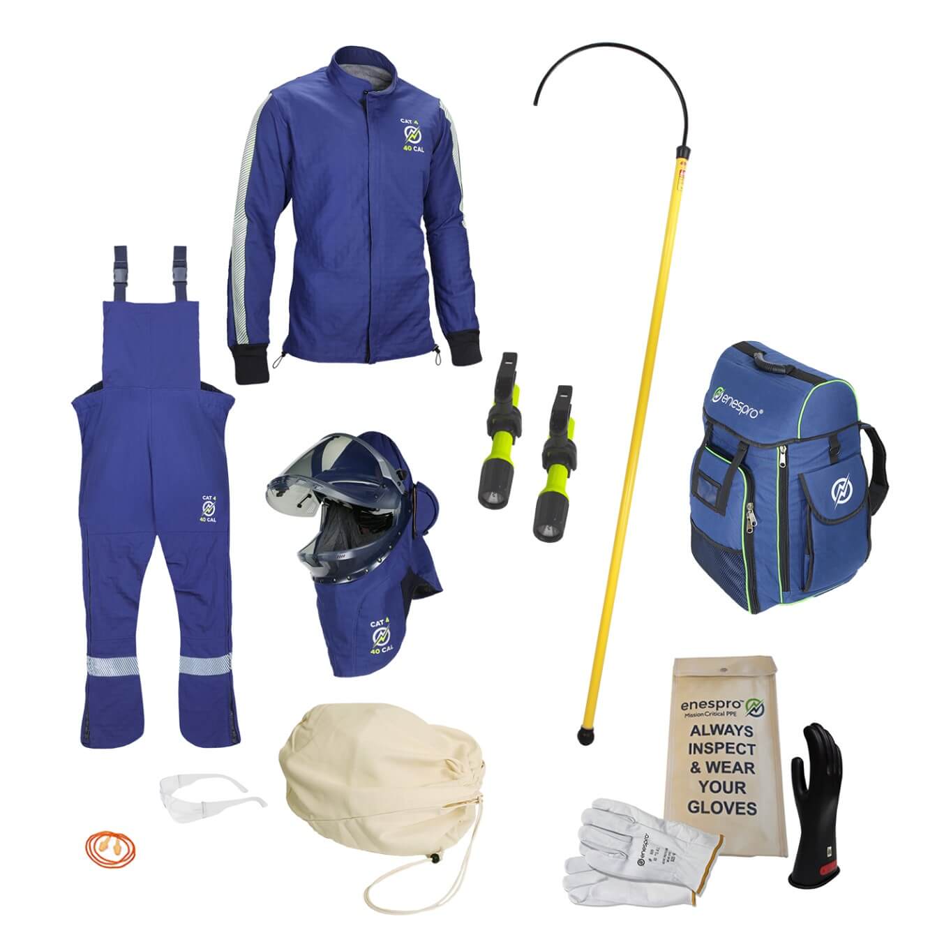 Blue electrical suit parts spread out on white background