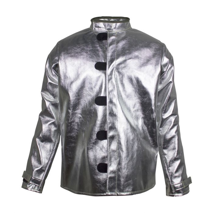 Silver metallic jacket with black buttons on a white background