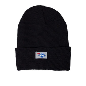 Black beanie with a small logo on a white background